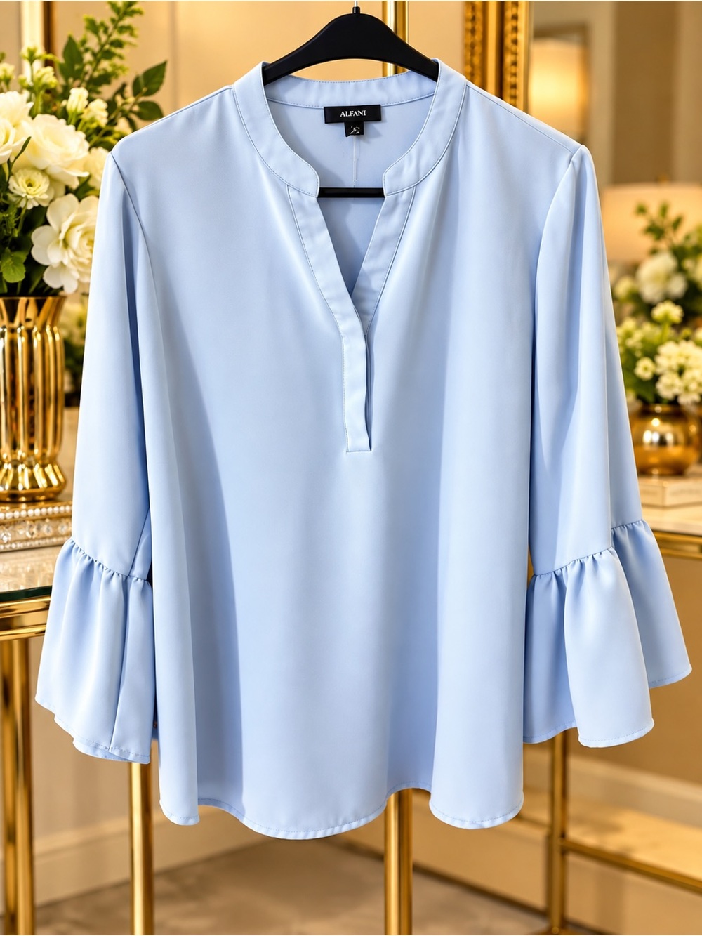 Alfani Pale Blue Split-Neck Ruffle Sleeve Blouse